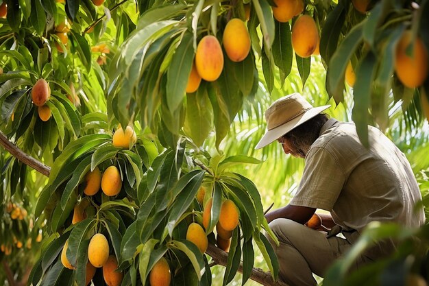 Foto een persoon schildert een muurschildering van mango's op een schoolmuur