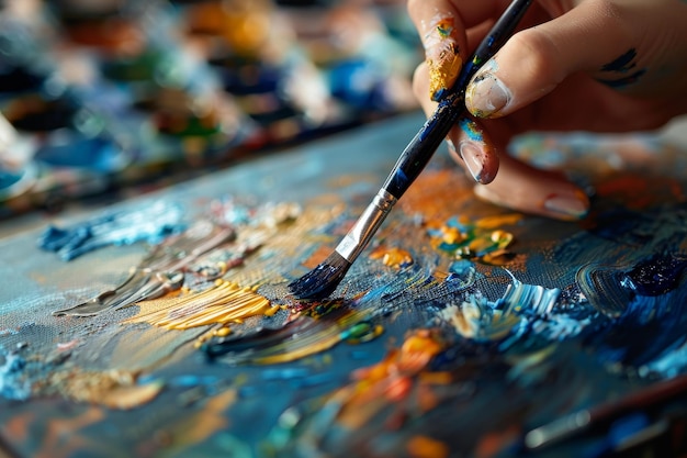 Een persoon schildert een schilderij met een penseel