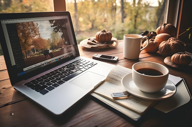 een persoon schrijft met een laptop en notebook op een houten tafel