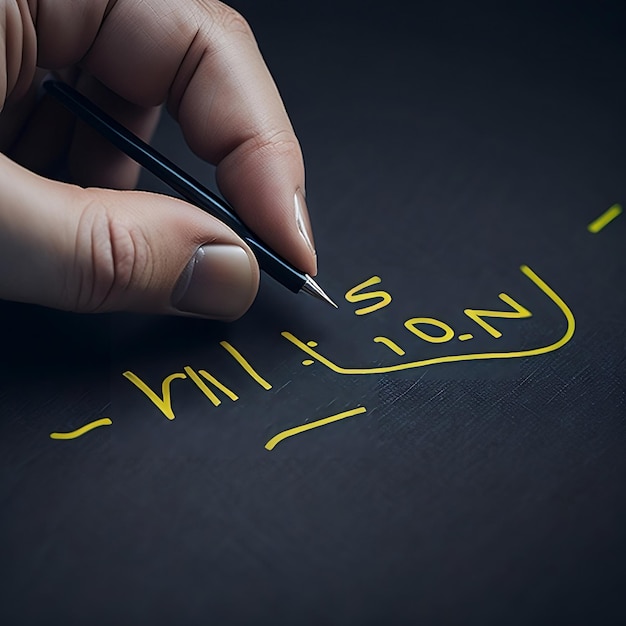 Een persoon schrijft met een potlood op een zwarte achtergrond.