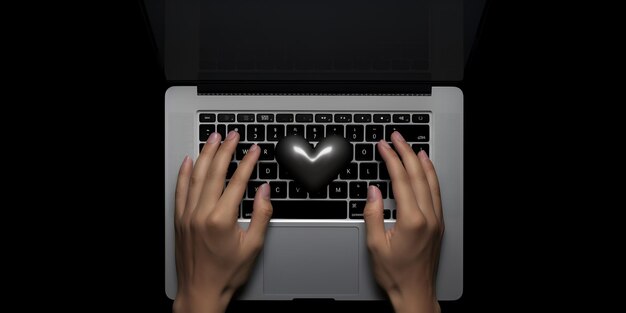 een persoon schrijft op een laptop met een hartvormige sleutel