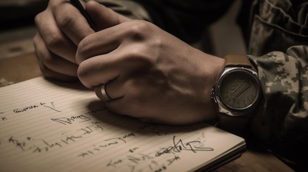 Een persoon schrijft op een notitieboekje met het woord chinees erop