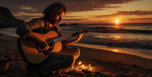 Foto een persoon speelt gitaar met een vreugdevuur bij zonsondergang op het strand