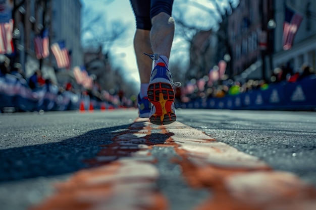 Een persoon sprint energiek de kleurrijke straat af tijdens een levendige marathonwedstrijd