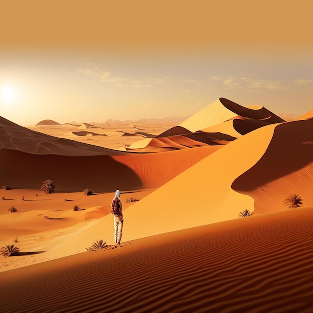 Een persoon staat in de woestijn met de ondergaande zon achter zich.