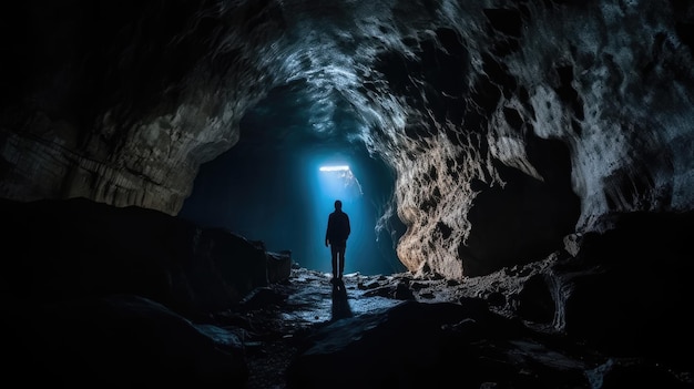 Een persoon staat in een donkere grot waar een blauw licht doorheen schijnt.