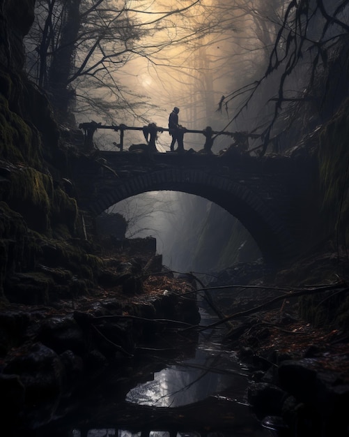 een persoon staat op een brug in het bos