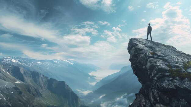 Een persoon staat op een rotsachtige klif met uitzicht op majestueuze bergketens en een bewolkte vallei