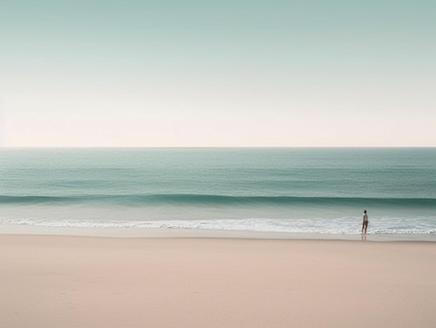 Een persoon staat op een strand met de oceaan op de achtergrond.