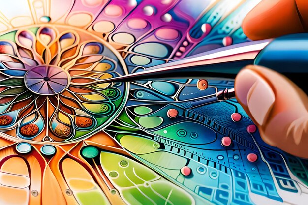Een persoon tekent een kleurrijk ontwerp met een penseel en een penseel.