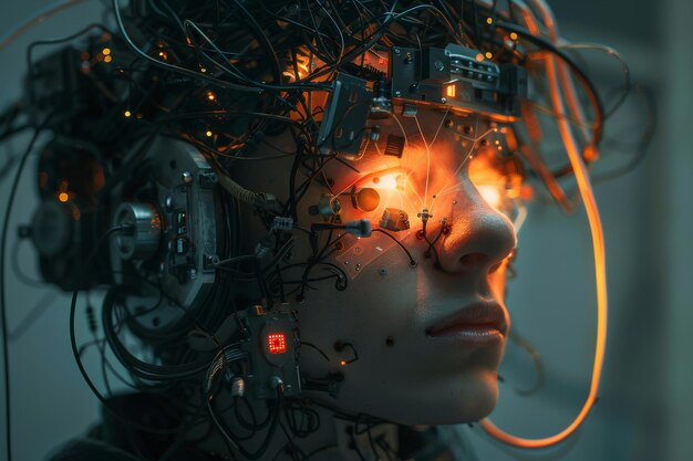 Foto een persoon versierd met een complexe neurale interface die de fusie van mens en machine illustreert