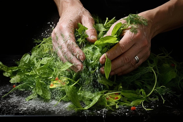 een persoon wast groenten met waterdruppels.