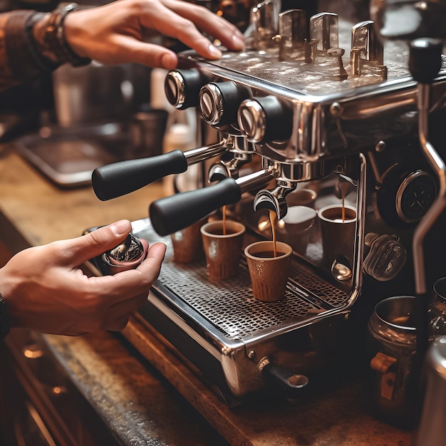 Een persoon werkt aan een vintage koffiemachine.