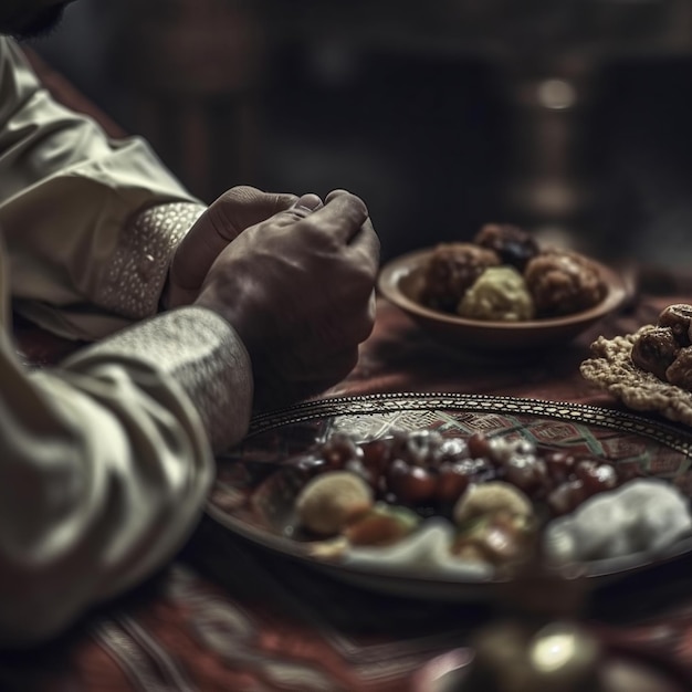 Een persoon zit aan een tafel met eten erop.