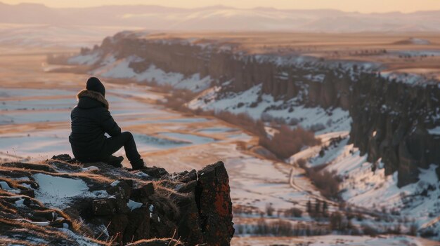 Een persoon zit alleen op een besneeuwde klif met uitzicht op een uitgestrekt leeg landschap de stilte en stilte van