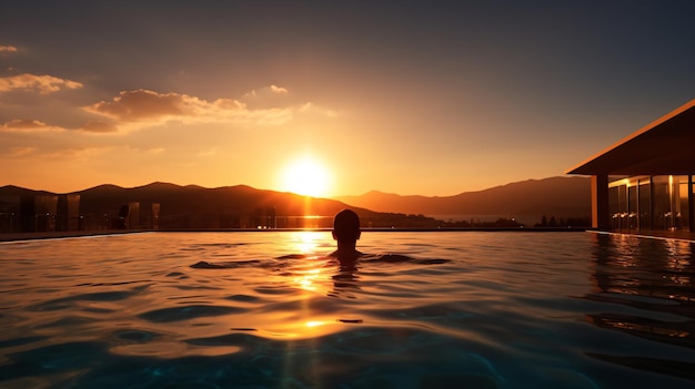 Een persoon zit in een zwembad en kijkt naar de zonsondergang.