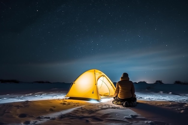 Een persoon zit 's nachts voor een gele tent met de sterren op de achtergrond.