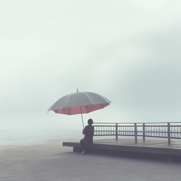 Een persoon zittend op een houten pier met een paraplu in de mist