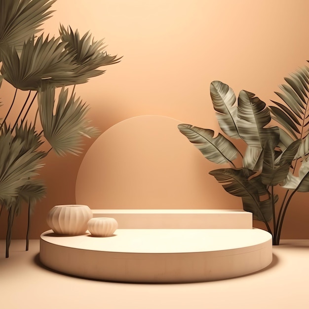 Een perzikkleurige muur met een ronde tafel en een plant in het midden.