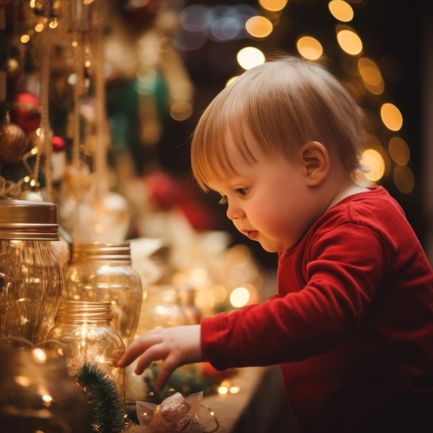 Een peuter met het Down-syndroom kijkt naar een kerstboom