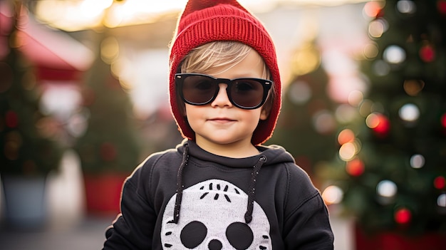 een peutermodel met een zonnebril, een kersthoed en een T-shirt met lange mouwen voor kinderen tegen een vrolijke kerst achtergrond