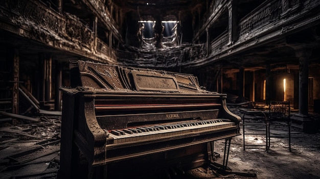 Een piano in een verlaten gebouw met het woord piano op de voorkant