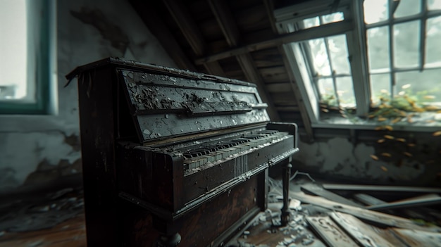 Een piano in een verlaten huis gebroken en bedekt met stof en puin