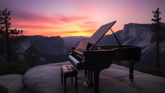 Een piano zit in een berg met een zonsondergang op de achtergrond.