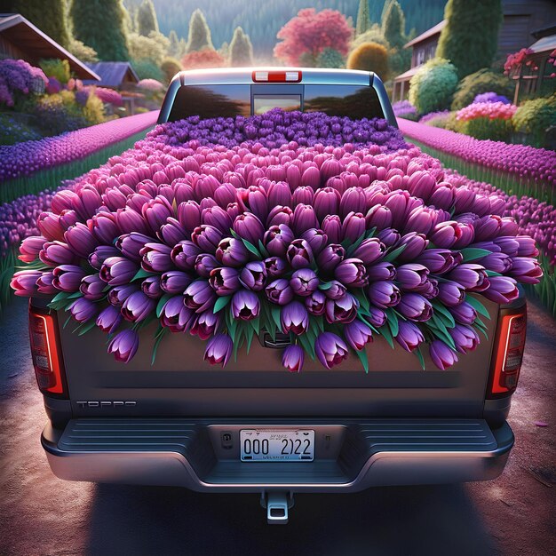 Een pick-up vol met prachtige paarse tulpen.