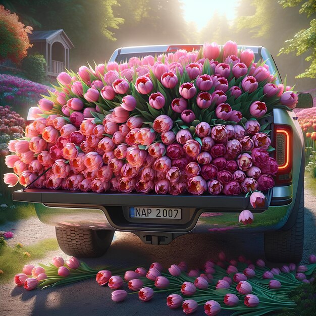 Een pick-up vol met prachtige roze tulpen.