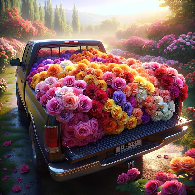 een pick-up vol met prachtige veelkleurige rozen