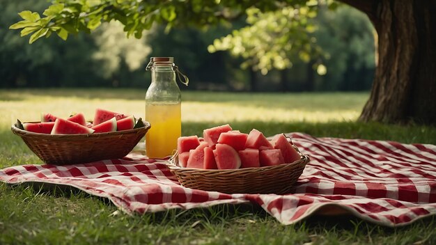 een picknick deken met een kruik met sap en fruit erop