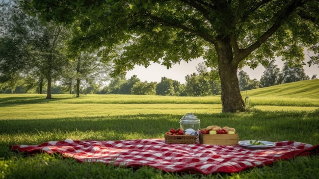 Een picknick in het park met een rood-wit geblokt tafelkleed en een mandje aardbeien