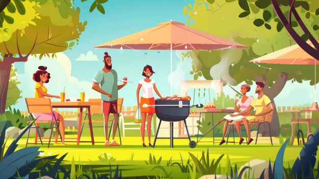 Foto een picknick met barbecue vindt plaats op een zomer grasveld in een park of tuin met mensen die aan een tafel eten een zwarte man kookt vlees op de grill illustratie van een picknick met barbecue in een park of