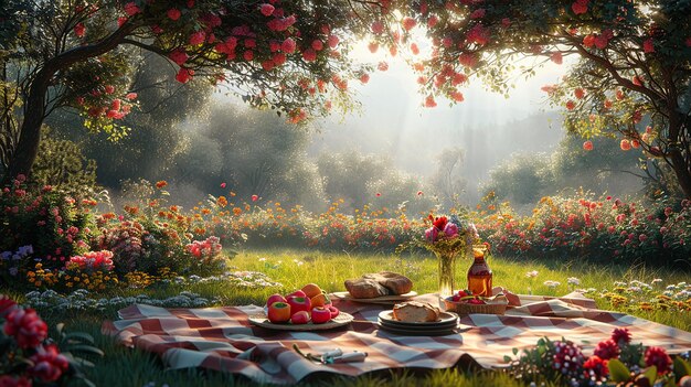 een picknick met bloemen en appels op de tafel