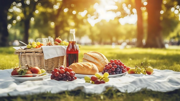 Een picknick met druivenwijn en een fles wijn