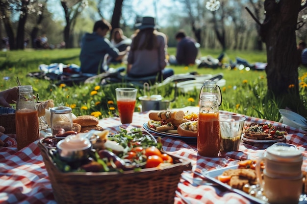 een picknick met mensen die op het gras zitten en een picnic deken met een paar die erop zitten