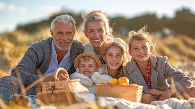 Een picknick op het strand met een familie van drie generaties.