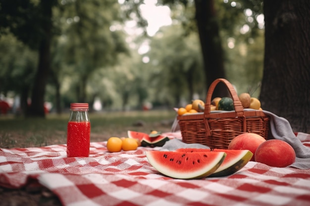 Een picknickkleed met een fruitmand en een fles sap Generative AI
