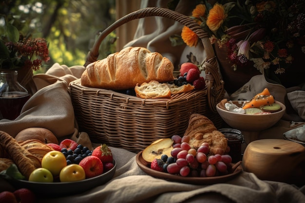 Een picknickmand gevuld met sandwiches, fruit en koekjes voor een stilleventafereel