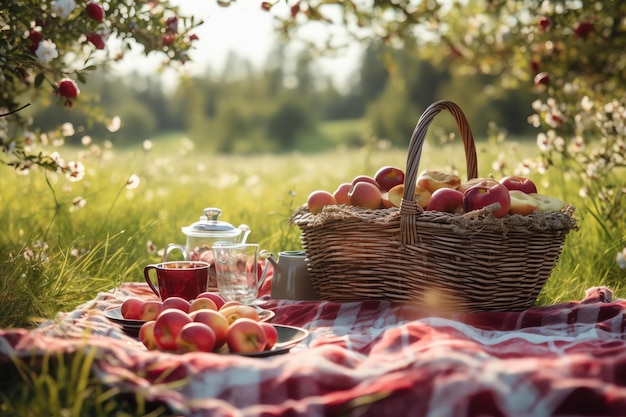 Een picknickmand met appels op een dekentje
