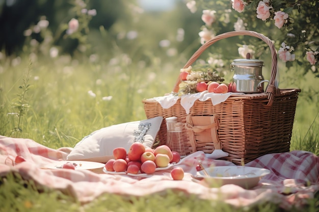 Een picknickmand met daarop een rood-wit geblokt tafelkleed en een bord appels.