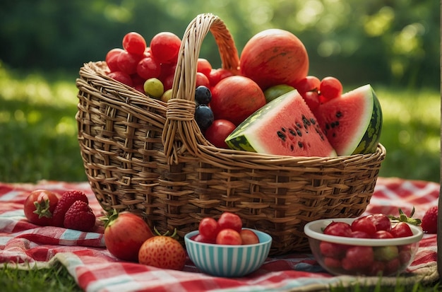 Een picknickmand met een watermeloen thema gevuld met lekkernijen