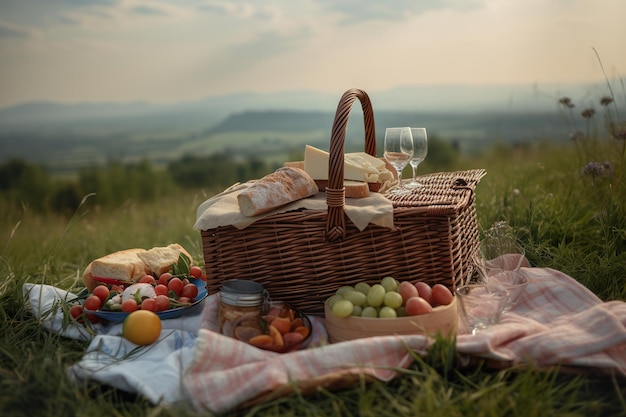 Een picknickmand met eten en fruit staat tijdens zonsondergang op een weide