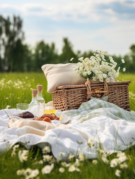 een picknickmand op een deken in een veld