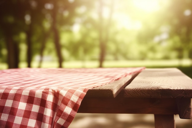 Een picknicktafel met daarop een rood wit geblokt tafelkleed.