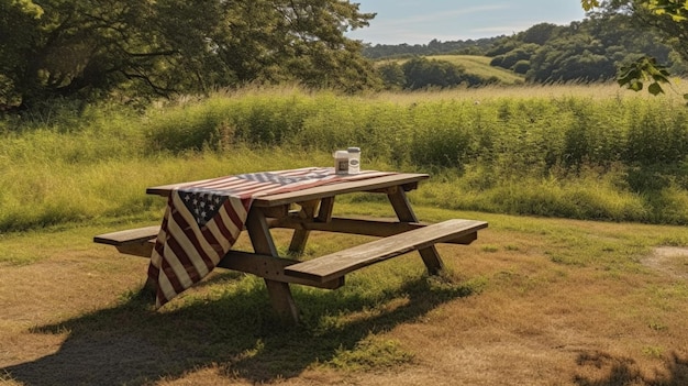 Een picknicktafel met een vlag erop en een picknicktafel met bergen op de achtergrond.