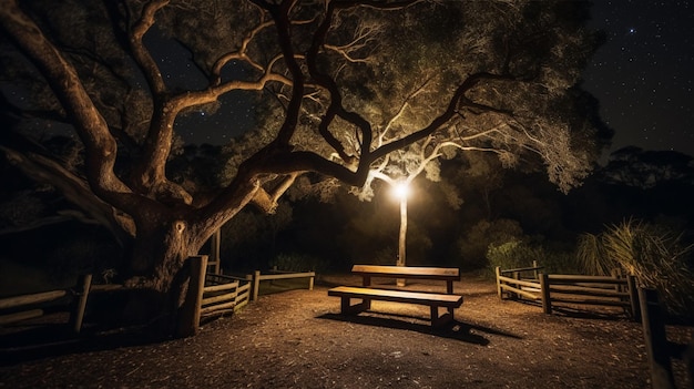 Een picknicktafel onder een boom 's nachts