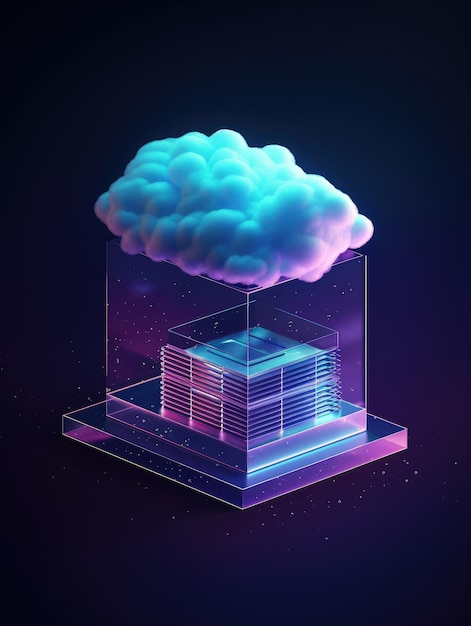 Foto een pictogram van een cloudserver met isometrische weergave van doorschijnend glas