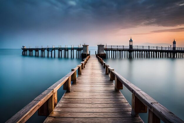 een pier met een zonsondergang op de achtergrond